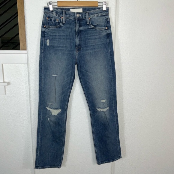 MOTHER Denim - MOTHER High Waisted Rider Blue Distressed Ankle Jeans